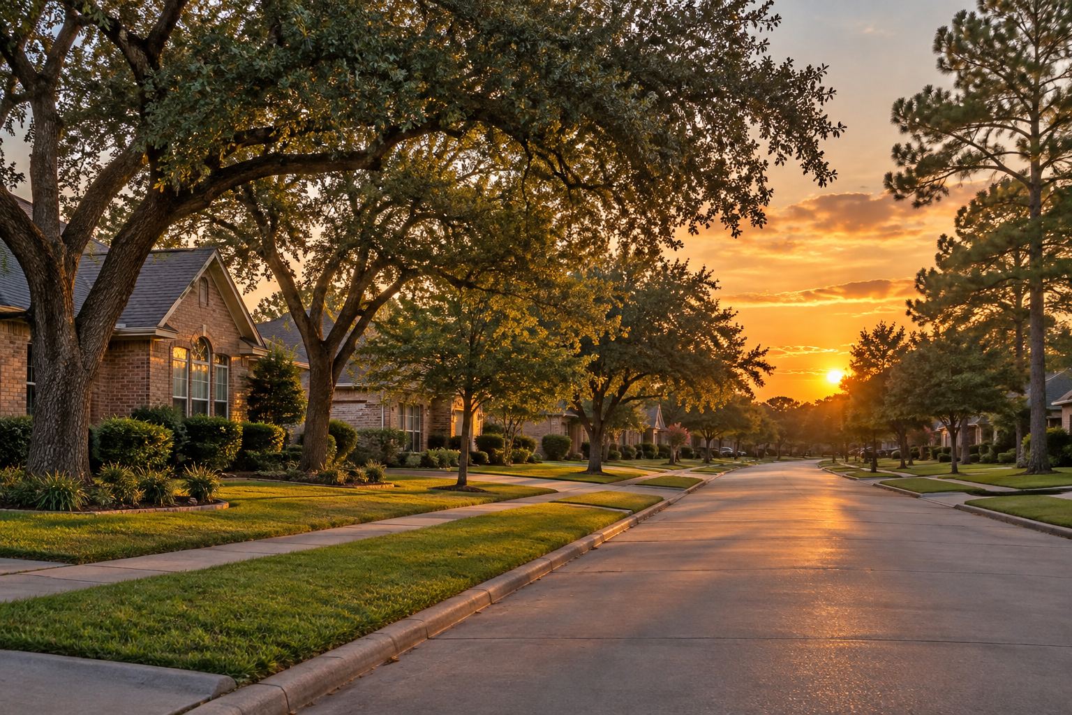 A Houston residential street at sunset, illustrative