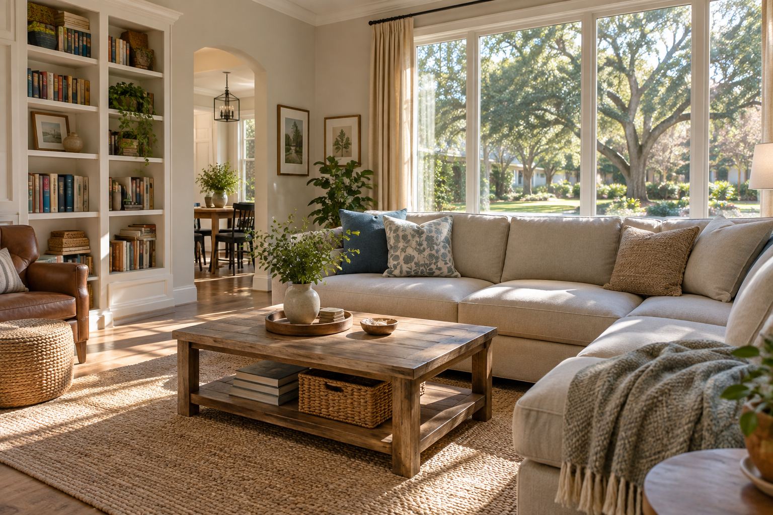 A cozy Houston living room, illustrative